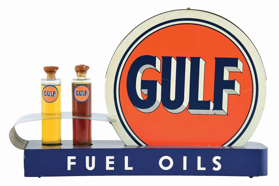 RARE GULF FUEL OILS TIN COUNTERTOP DISPLAY SIGN W/ GLASS SAMPLE OIL BOTTLES. 