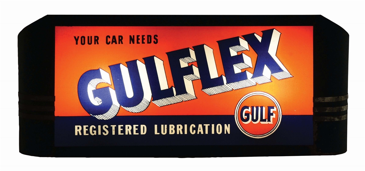 YOUR CAR NEEDS GULFLEX LUBRICATION GLASS FACE SERVICE STATION LIGHT UP DISPLAY. 