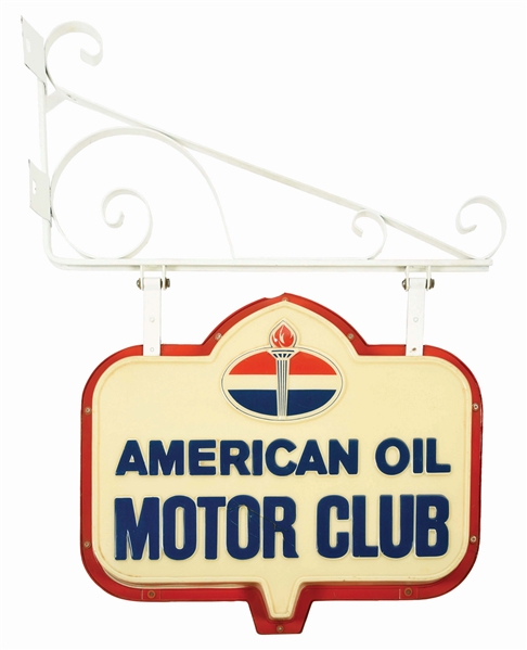 AMERICAN OIL MOTOR CLUB EMBOSSED PLASTIC SIGN W/ ORIGINAL IRON BRACKET.