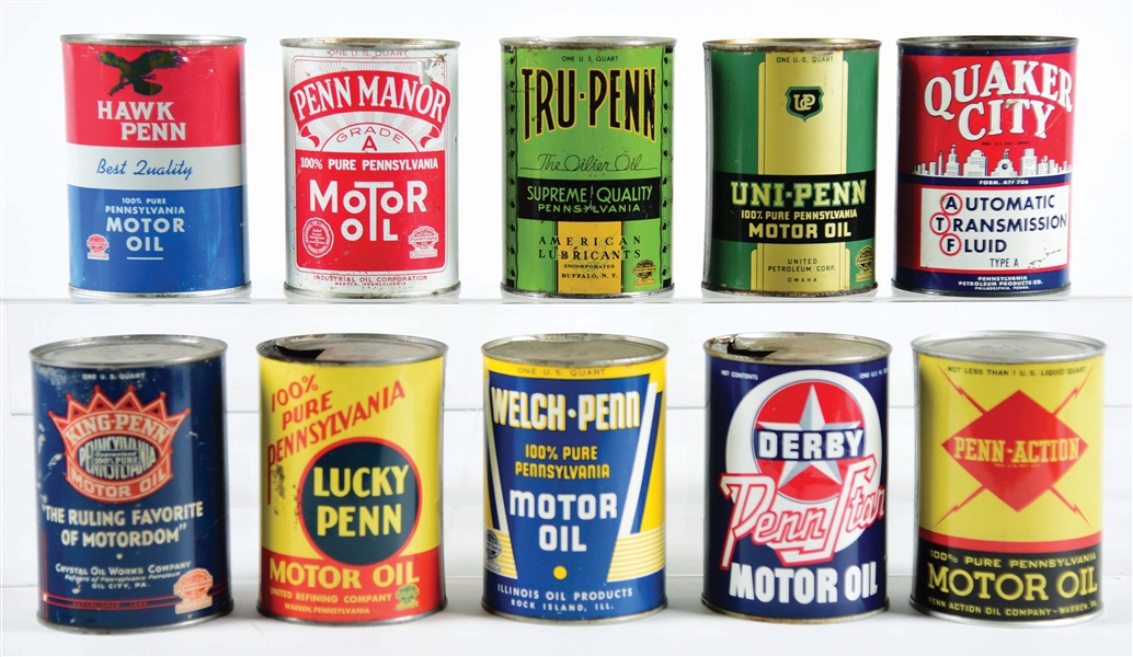 LOT OF 10: ONE QUART MOTOR OIL CANS. 