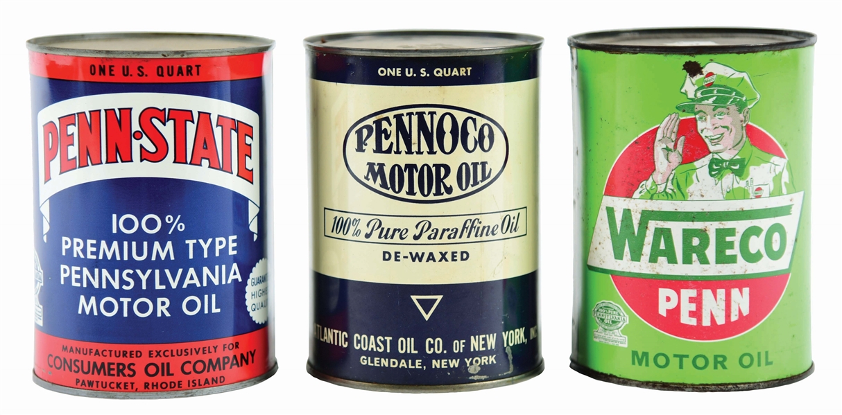 LOT OF 3: ONE QUART CANS FROM WARECO, PENN STATE & PENNOCO MOTOR OILS. 