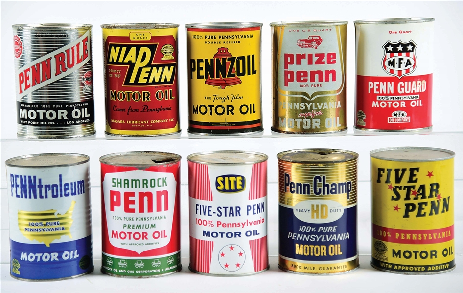 LOT OF 10: ONE QUART MOTOR OIL CANS. 
