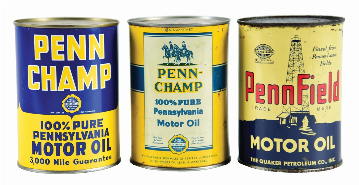 LOT OF 3: ONE QUART CANS FROM PENN CHAMP & PENNFIELD MOTOR OILS. 