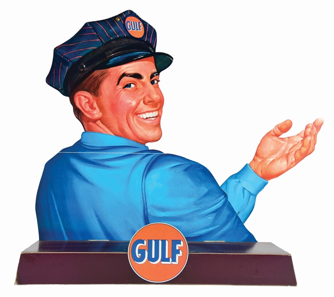 RARE GULF GASOLINE DIE CUT CARDBOARD LIGHT UP DISPLAY W/ ARTICULATING WAVING HAND. 