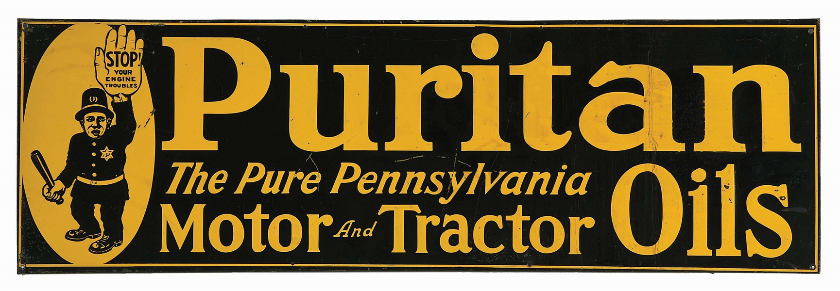 PURITAN MOTOR & TRACTOR OILS EMBOSSED TIN SIGN W/ POLICE OFFICER GRAPHIC. 
