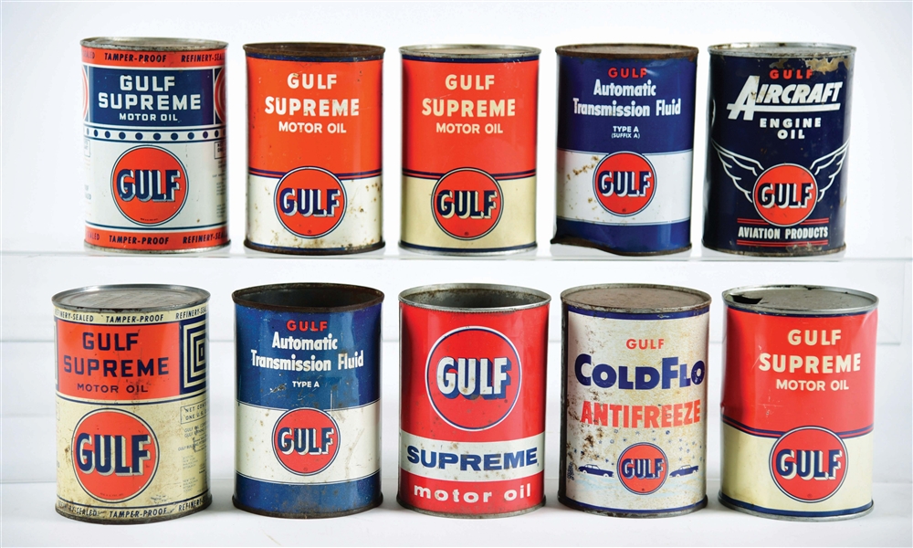 LOT OF 10: GULF MOTOR OIL & ANTIFREEZE ONE QUART CANS. 