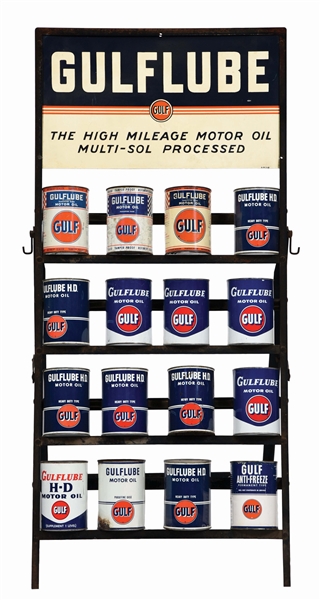 GULFLUBE MOTOR OIL TIN SERVICE STATION QUART CAN RACK WITH ONE QUART CANS.