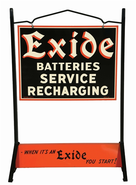 NEW OLD STOCK EXIDE BATTERIES SERVICE RECHARGING TIN SERVICE STATION CURB SIGN. 