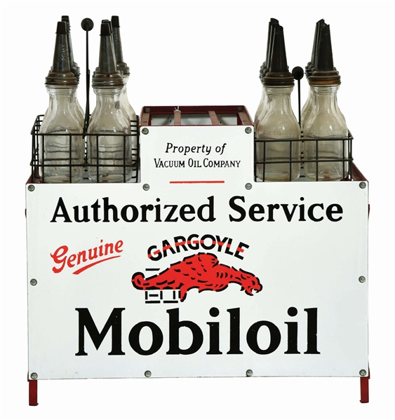 OUTSTANDING MOBIL GARGOYLE MOTOR OIL AUTHORIZED SERVICE STATION OIL BOTTLE RACK W/ GLASS BOTTLES. 