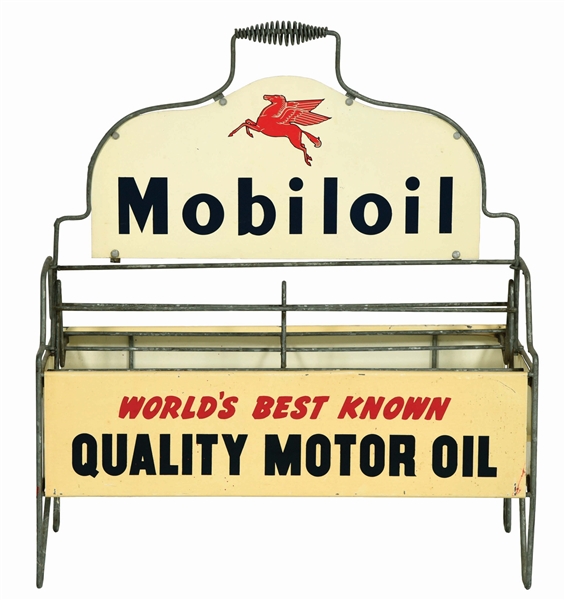 MOBILOIL WORLDS BEST KNOWN QUALITY MOTOR OIL TIN QUART CAN DISPLAY RACK W/ SIGNS.