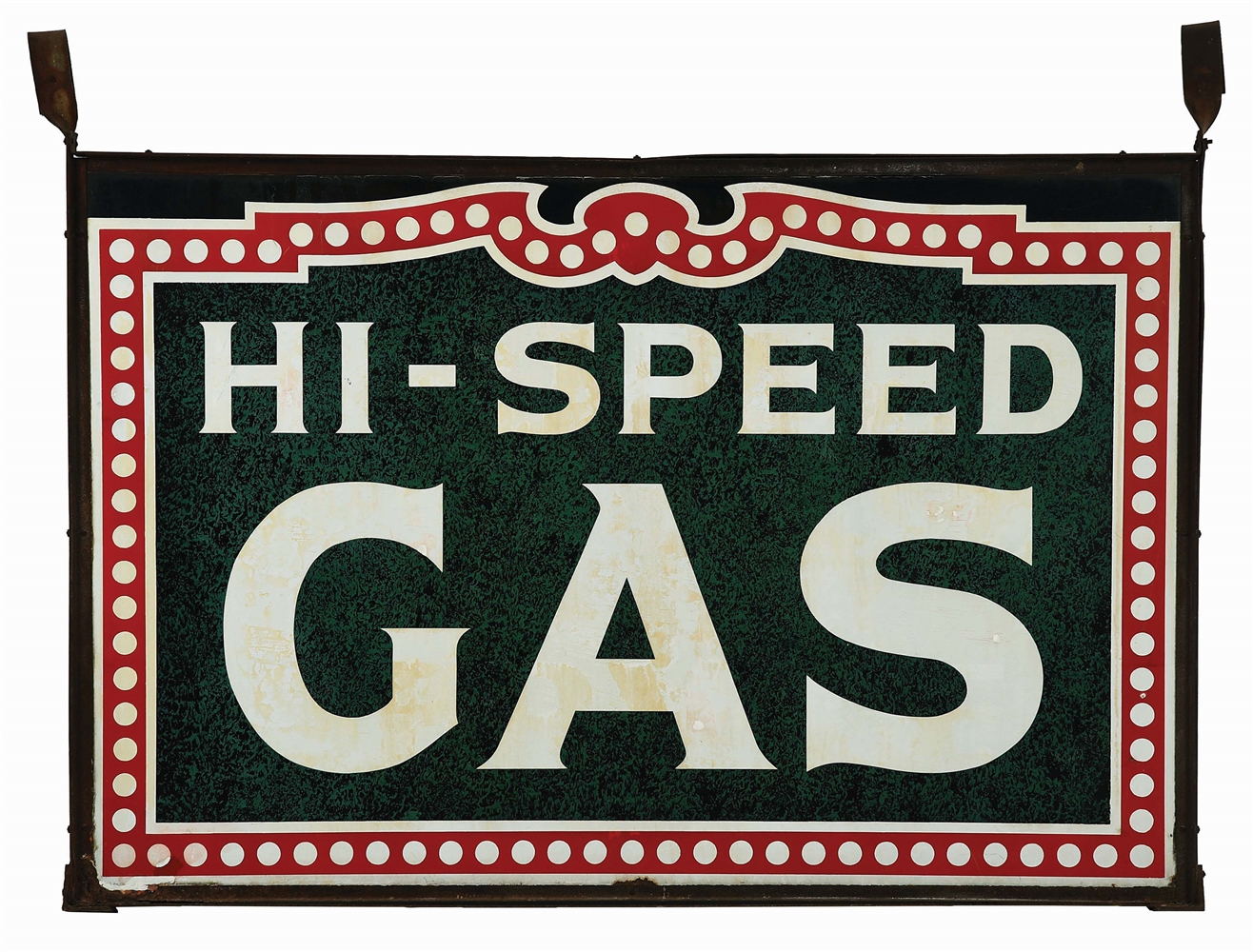 HI-SPEED GAS PORCELAIN SERVICE STATION SIGN W/ ORIGINAL METAL FRAME. 