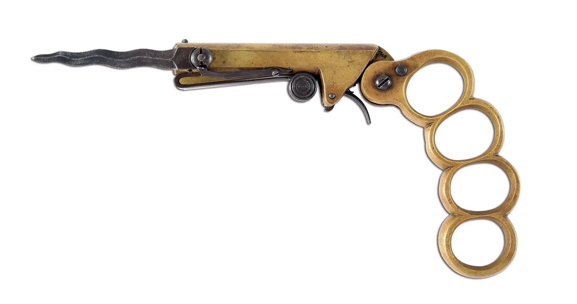 (A) "THE SURE DEFENDER" SINGLE SHOT UNDERHAMMER PERCUSSION PISTOL WITH BRASS KNUCKLES AND KNIFE.