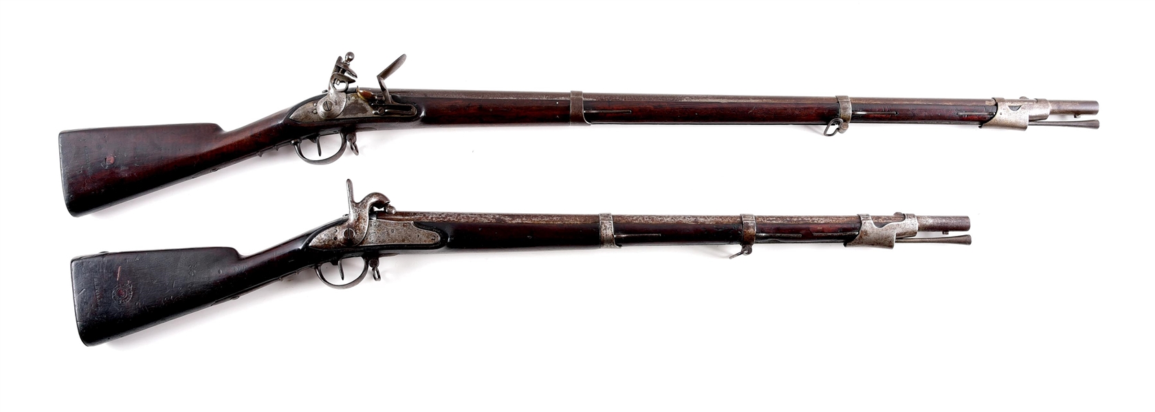 (A) LOT OF 2: FRENCH STYLE MARTIAL FLINTLOCK AND PERCUSSION CONVERSION RIFLES.