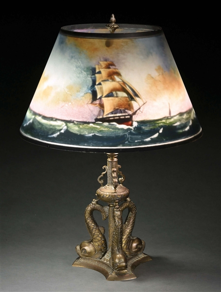 PAIRPOINT REVERSE PAINTED SHIP LAMP.