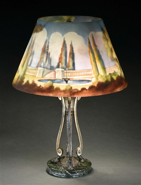 PAIRPOINT REVERSE PAINTED ITALIAN GARDEN LAMP.