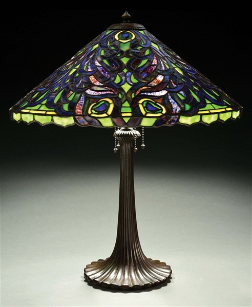 DUFFNER AND KIMBERLY PEACOCK LEADED GLASS LAMP.