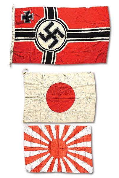 LOT OF 3: 2 WWII JAPAPANESE SILK FLAGS AND 1 WWII GERMAN FLAG