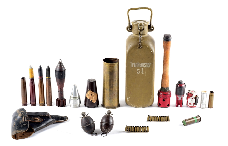 LOT OF 19: GERMAN WWII GRENADES, FLARES, AMMUNITION, HOLSTER, AND WATER CAN