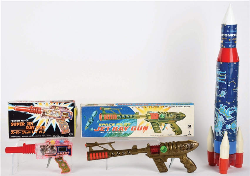 LOT OF 3: JAPANESE TIN LITHO AND PLASTIC SPACE TOYS.