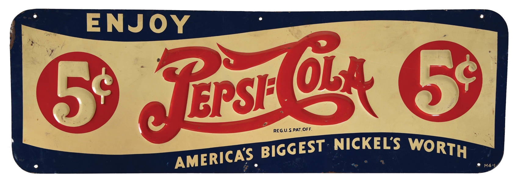 EMBOSSED TIN 5¢ PEPSI-COLA SODA SIGN.