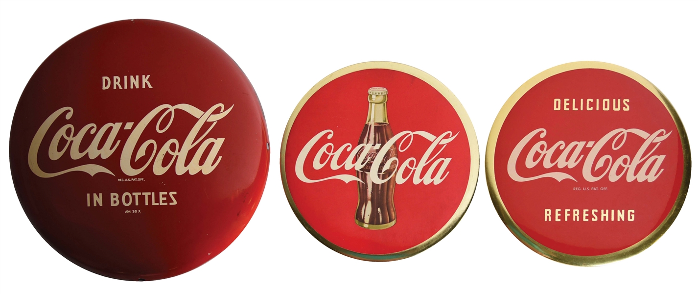 LOT OF 3: COCA-COLA BUTTON SIGNS.