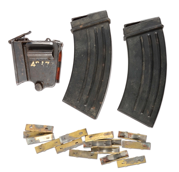 INCREDIBLEY SCARCE AND FABULOUS CONDITION ORIGINAL JAPANESE TYPE 96 MACHINE GUN LOADING TOOL, TWO ORGINAL 30 ROUND MAGAZINES AND 15 STRIPPER CLIPS 