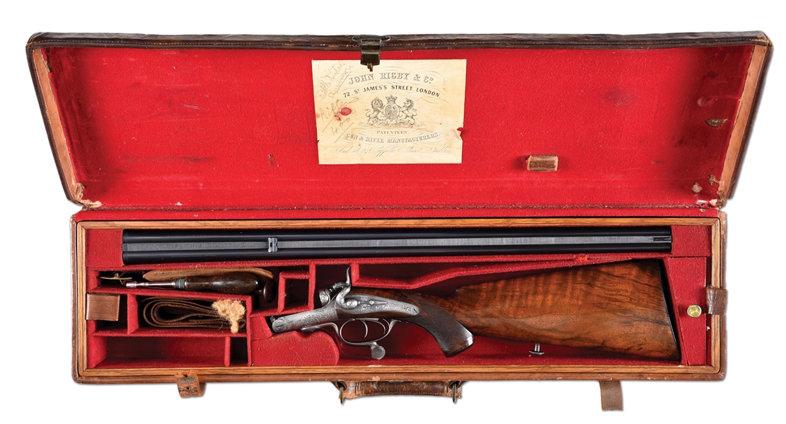 (A) JOHN RIGBY & CO. DOUBLE BARREL ROTARY UNDERLEVER HAMMER RIFLE WITH CASE.
