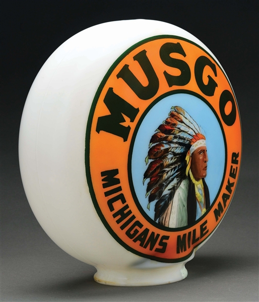 MUSGO GASOLINE MICHIGANS MILE MAKER ONE PIECE BAKED GLOBE W/ NATIVE AMERICAN GRAPHIC. 