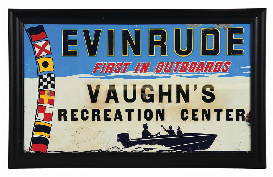 EVINRUDE OUTBOARD MOTORS EMBOSSED TIN SIGN W/ BOAT GRAPHIC & ADDED FRAME. 
