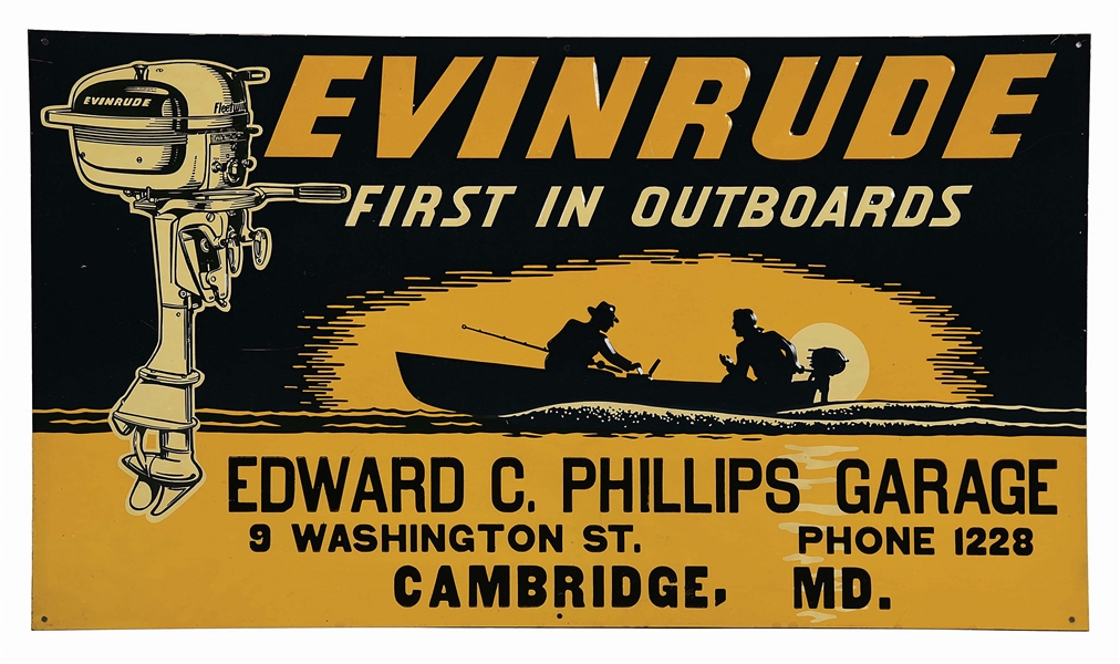 OUTSTANDING EVINRUDE OUTBOARD MOTORS EMBOSSED TIN DEALERSHIP SIGN W/ BOAT & MOTOR GRAPHIC. 