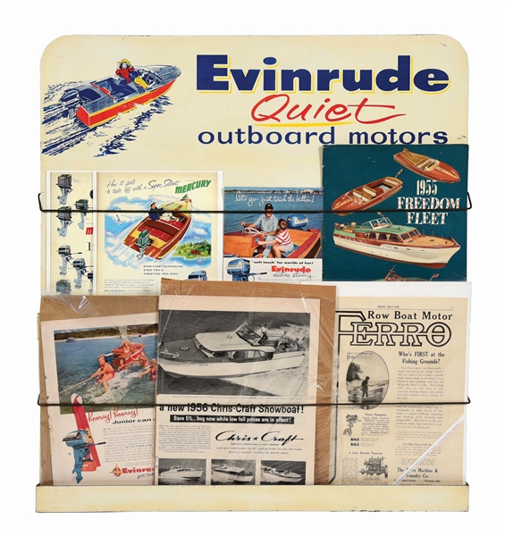 EVINRUDE OUTBOARD MOTORS TIN EASEL BACK LITERATURE DISPLAY W/ BOAT GRAPHIC. 
