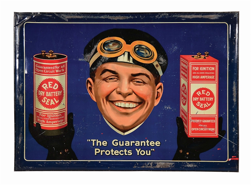RARE RED SEAL BATTERIES TIN OVER CARDBOARD SIGN W/ SELF FRAMED EDGE.