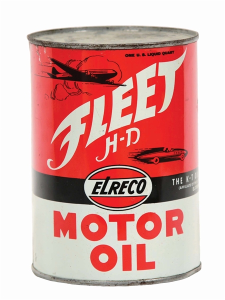 ELRECO FLEET HEAVY DUTY MOTOR OIL ONE QUART CAN W/ CAR & AIRPLANE GRAPHIC. 
