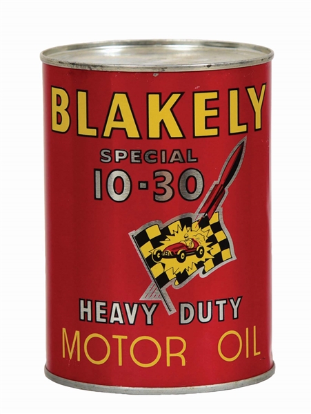 BLAKELY HEAVY DUTY MOTOR OIL ONE QUART CAN W/ RACE CAR GRAPHIC. 