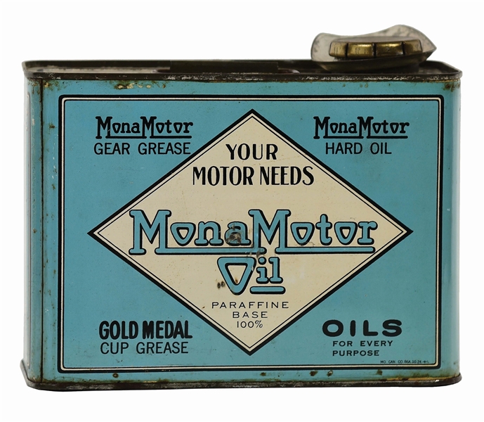 MONA MOTOR OIL HALF GALLON OIL CAN W/ CAR, MOTORCYCLE & TRACTOR GRAPHICS. 
