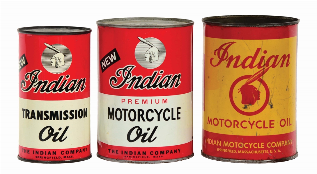 LOT OF 3: INDIAN MOTORCYCLE ONE QUART OIL CANS & ONE PINT TRANSMISSION OIL CAN. 