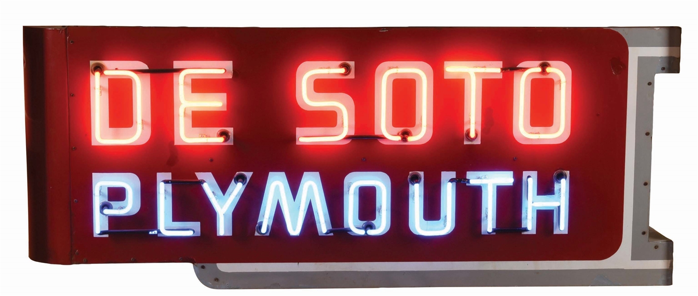 DESOTO PLYMOUTH PORCELAIN NEON SIGN W/ BULLNOSE ATTATCHMENT.