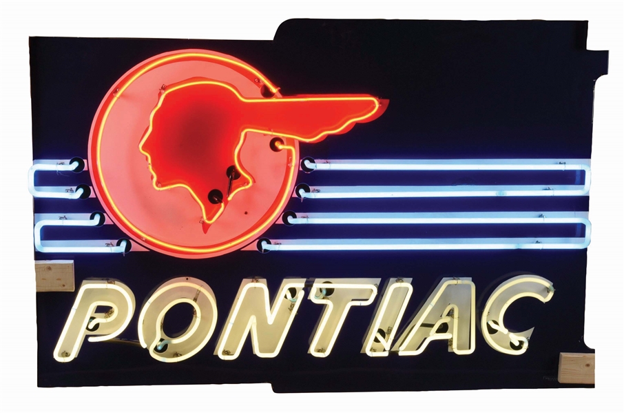 PONTIAC AUTOMOBILES PORCELAIN NEON SIGN W/ FULL FEATHER NATIVE AMERICAN GRAPHIC. 