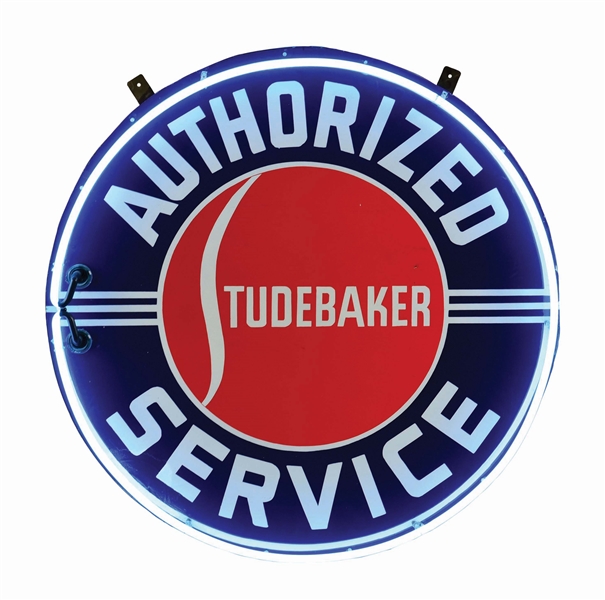 STUDEBAKER AUTHORIZED SERVICE PORCELAIN SIGN W/ ADDED NEON.