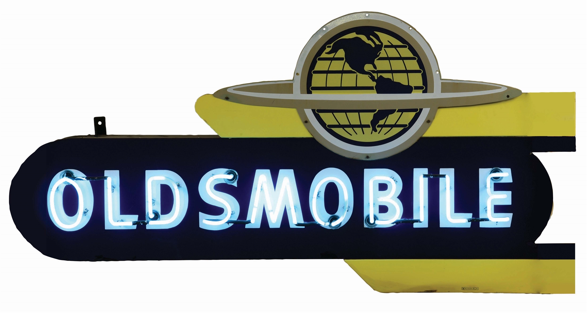 OLDSMOBILE MOTOR CARS FOUR PIECE PORCELAIN NEON SIGN W/ GLOBE GRAPHIC.