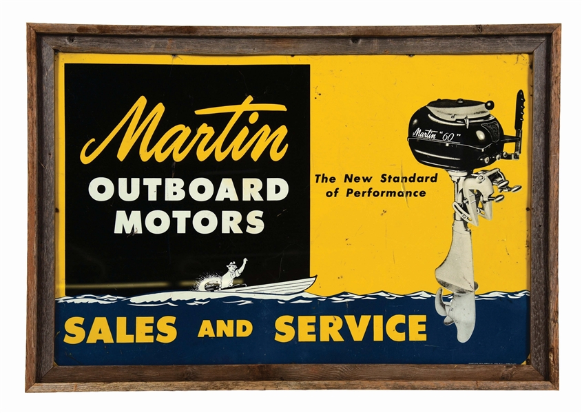 MARTIN OUTBOARD MOTORS SALES & SERVICE TIN SIGN W/ ADDED WOOD FRAME. 