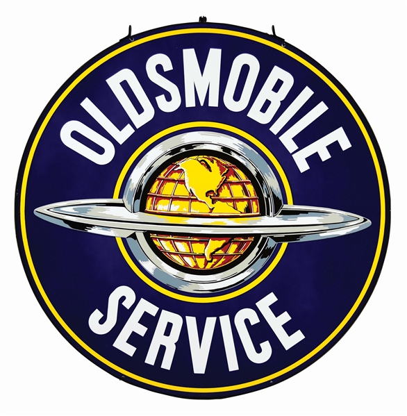 OUTSTANDING OLDSMOBILE SERVICE PORCELAIN SIGN W/ GLOBE GRAPHIC. 