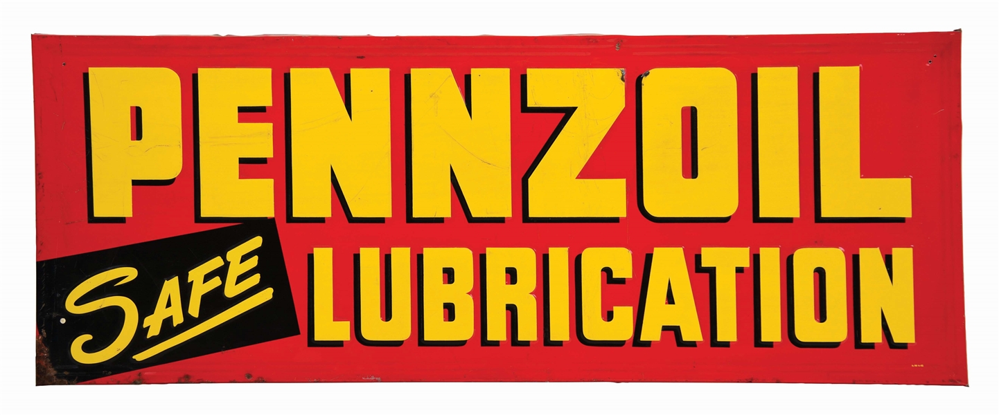 PENNZOIL SAFE LUBRICATION EMBOSSED TIN SERVICE STATION SIGN. 