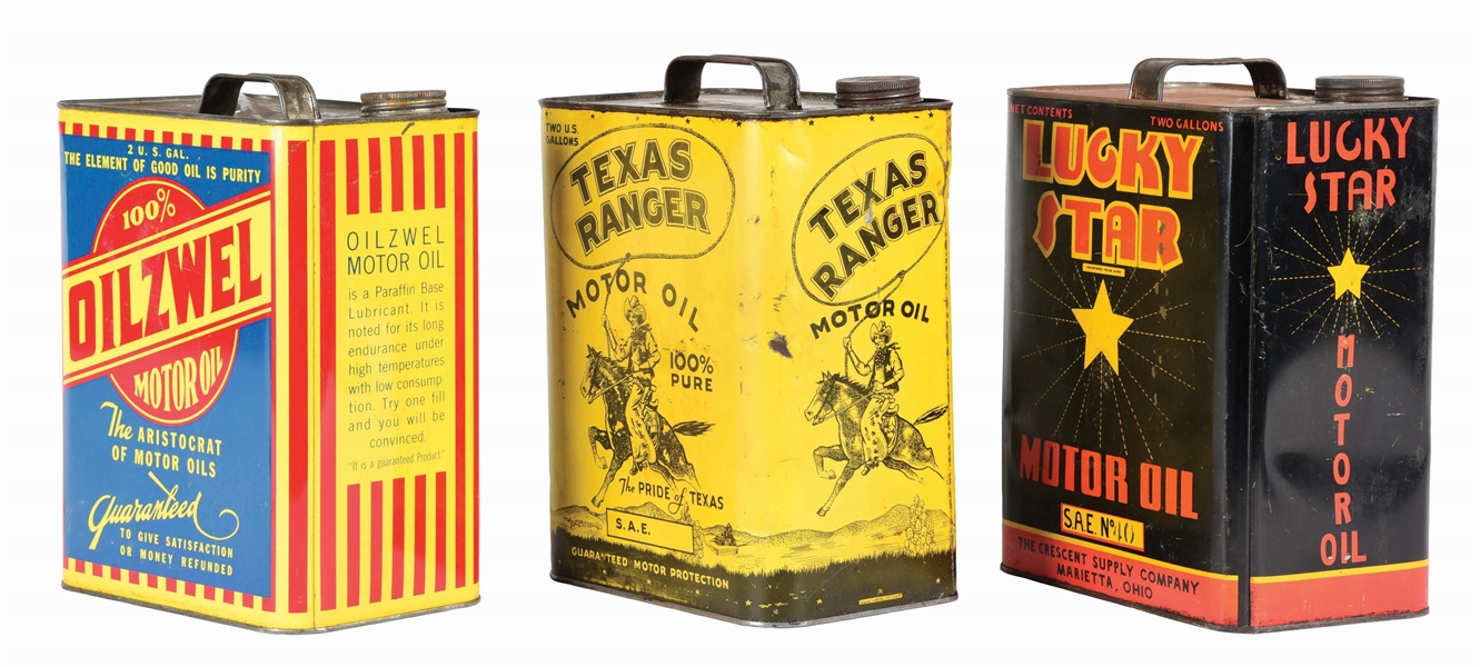 LOT OF 3: TWO GALLON MOTOR OIL CANS FROM LUCKY STAR, TEXAS RANGER & OILZWELL. 