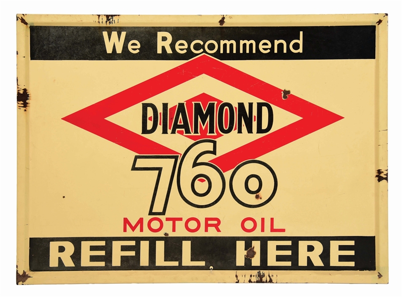 DIAMOND 760 MOTOR OIL PORCELAIN SERVICE STATION SIGN W/ SELF FRAMED EDGE. 