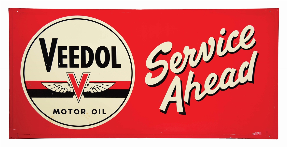 VEEDOL MOTOR OIL SERVICE AHEAD EMBOSSED TIN SERVICE STATION SIGN W/ WOOD BACKING.