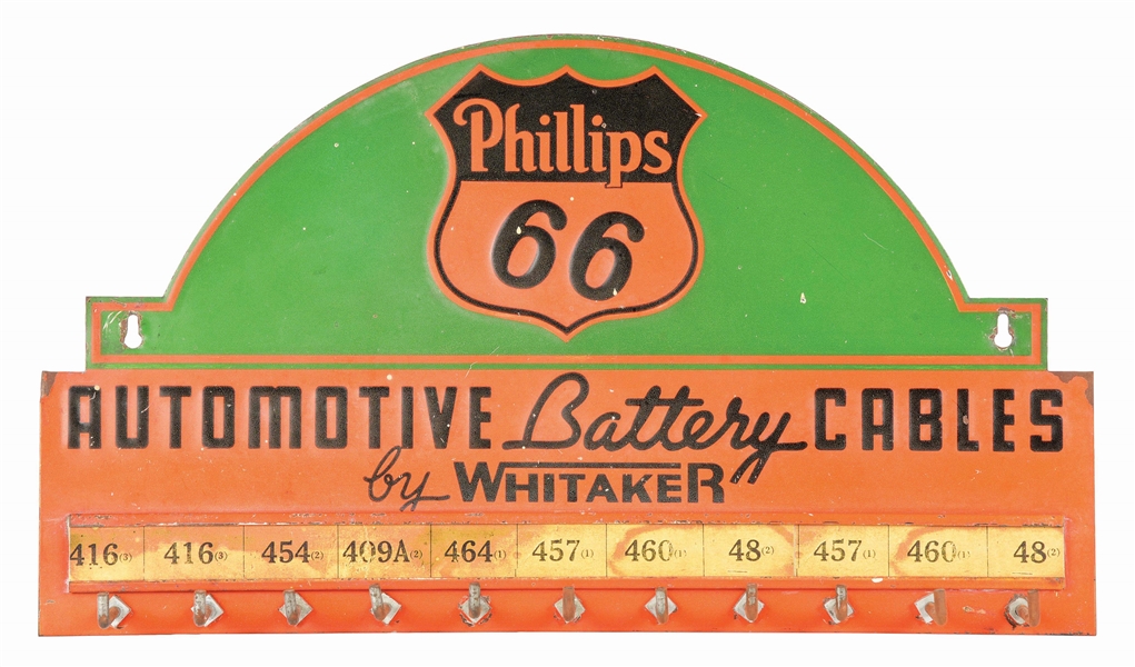 PHILLIPS 66 AUTOMOTIVE BATTERY CABLES EMBOSSED TIN SERVICE STATION DISPLAY RACK.