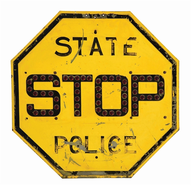 STOP STATE POLICE EMBOSSED STEEL HIGHWAY STOP SIGN W/ GLASS REFLECTORS.