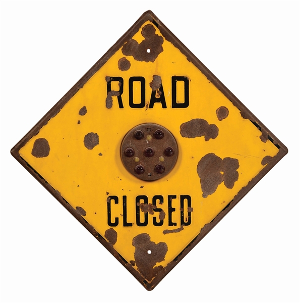 ROAD CLOSED EMBOSSED STEEL ROAD SIGN W/ GLASS REFLECTORS ATTACHMENT. 