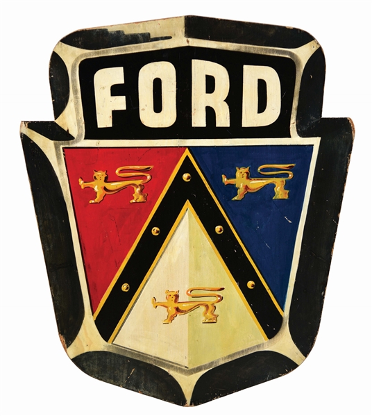 HAND PAINTED WOODEN FORD CREST DEALERSHIP SIGN.